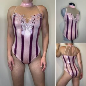 READY TO DISPATCH - Embellished Metallic Baby Pink Striped Sweetheart Style Leotard - Size Small